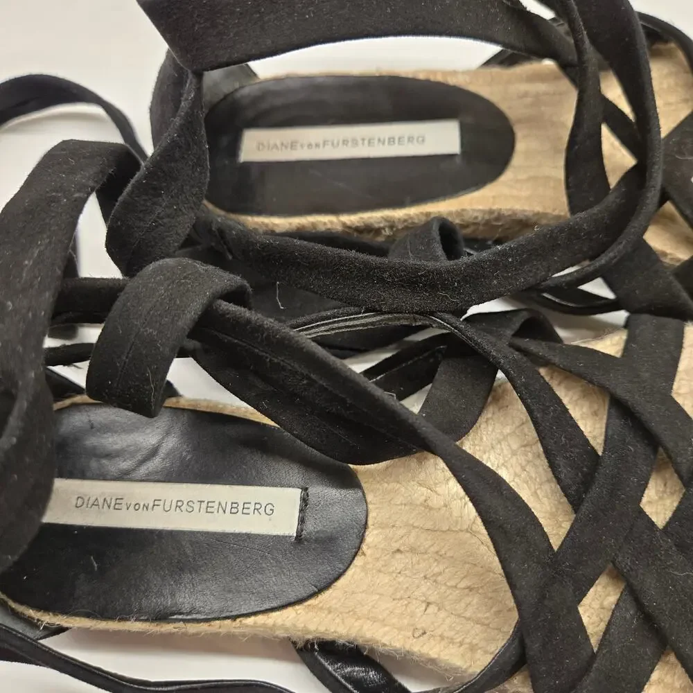 Diane von Furstenberg Bastia Black Suede LaceUp Gladiator Espadrilles EU 37 US 7
